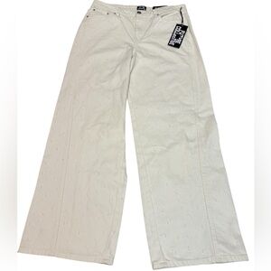 Trendy Cream Textured Wide Leg Jeans